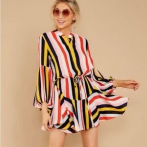Striped Multicolor Tie-Waist Mini Dress - Pink/Red/Yellow